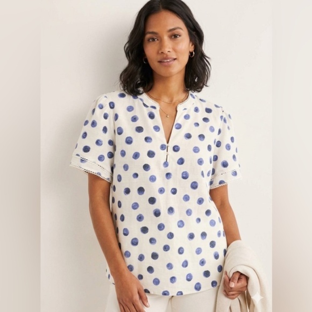 NWT Counterparts Women’s X Large White Blue Polka Dot Short Sleeve Blouse Top XL